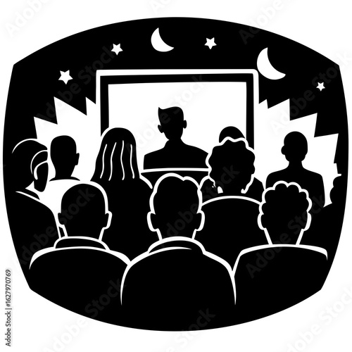 Audience watching movie under night sky people screen