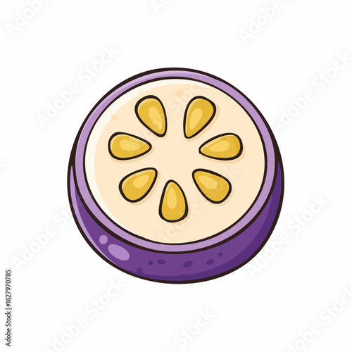 Cartoon style illustration of a sliced purple fruit with yellow seeds on white background