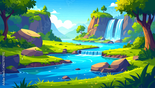 Vibrant cartoon landscape of a serene river valley with a cascading waterfall and lush green hills.