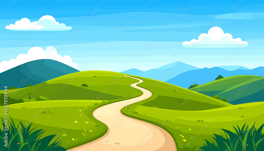 Fototapeta premium A winding dirt path through vibrant green hills and mountains in a stylized cartoon landscape.