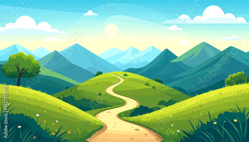 Vibrant cartoon landscape with a winding path through green hills and distant blue mountains under a sunny sky.