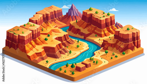 Isometric diorama of a desert canyon with red rock mesas, a winding blue river, and sparse green vegetation.