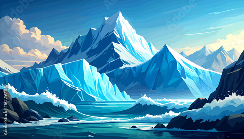 Graphic illustration of a majestic arctic mountain range with glaciers and a turbulent sea.