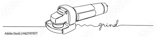 continuous one line drawing of an angle grinder with the word grind
