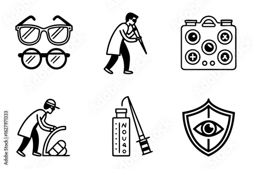 Optometry and eye care icons isolated on white background