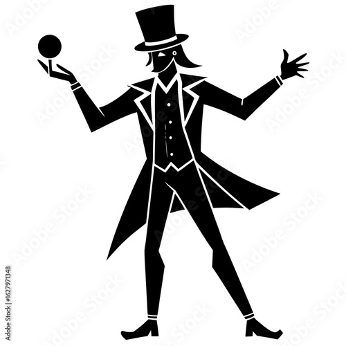 Black silhouette man in formal attire holding sphere