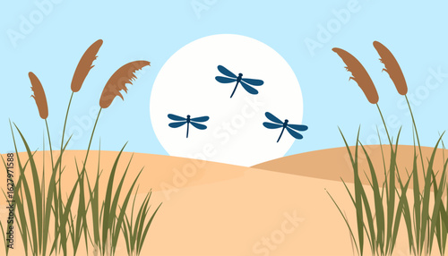 Stylized nature scene with blue dragonflies, brown cattails, and rolling sand dunes.