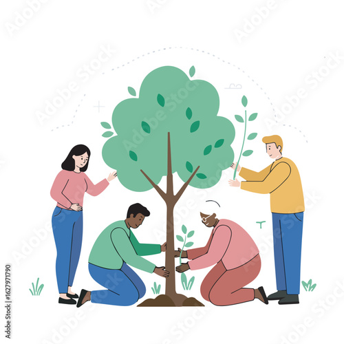 A diverse community of volunteers planting trees together, symbolizing environmental conservation and teamwork for a greener future.
