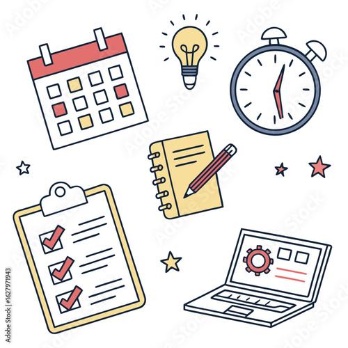 Illustration of time management tools including calendar, checklist, clock, laptop, and notebook items