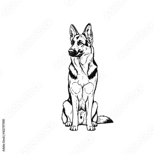 German Shepherd dog sitting, black and white line drawing, for pet adoption websites
