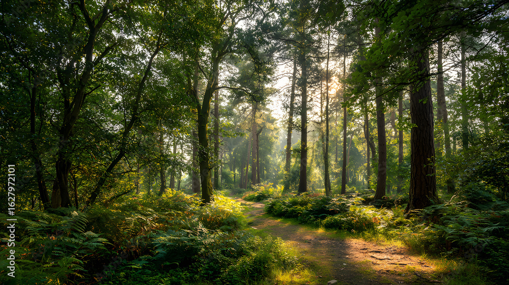 Fototapeta premium forest therapy, tranquil forest with soft sunlight through green foliage, perfect for serene nature therapy sessions ideal ambiance for relaxation