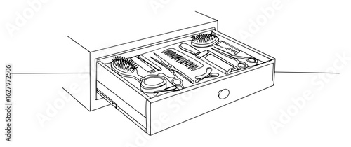 continuous one line drawing of barber tools in an open drawer vector illustration