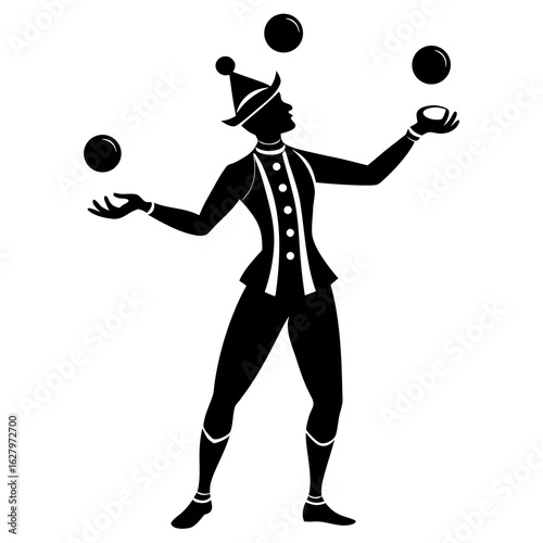 Black silhouette of a juggler with balls white background