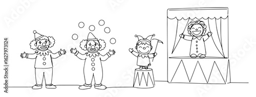 vector illustration of clowns and puppeteer entertainment outline