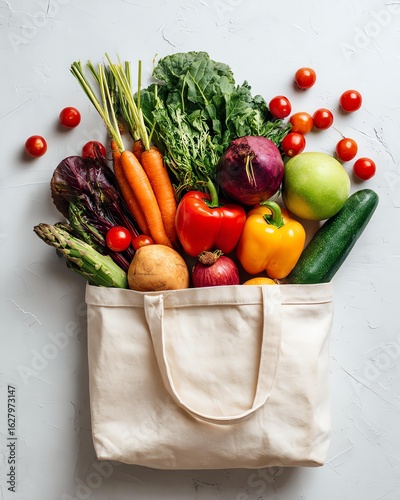 Fototapeta Naklejka Na Ścianę i Meble -  Healthy food in paper bag vegetables and fruits on white Fresh vegetables in a reusable tote bag.