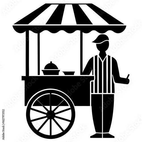 Black silhouette of street vendor with cart food cart
