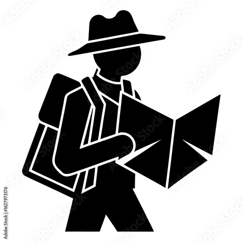 Black silhouette of traveler with map and backpack