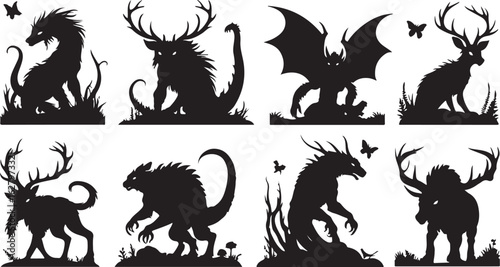 Fantastic Silhouette Creatures Assemblage of Dragons, Deer, and Other Mythical Beasts in a Graphic Black Illustration