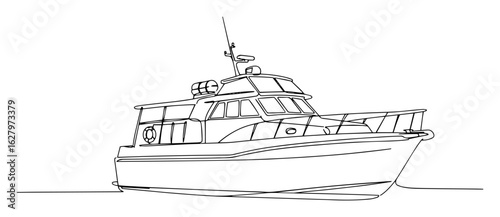 one single line drawing of a luxury motor yacht cabin cruiser boat vector