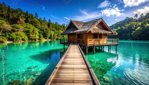 Wooden House Over Water with Bridge on Tropical Lake