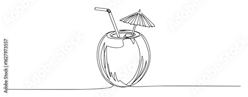 coconut drink with straw umbrella vector outline design