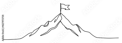 continuous one line drawing of a mountain peak with a flag achievement concept vector design