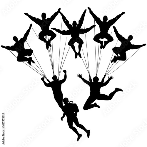 Black skydivers falling with parachutes black silhouette