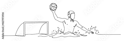 Water Polo Player with Ball and Goal — Line Art Vector Illustration