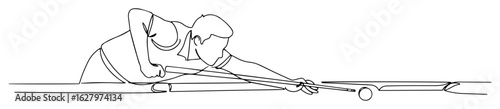 continuous one line drawing of a man playing billiards aiming a shot vector design