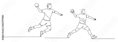 single one line drawing of handball players in action vector illustration set