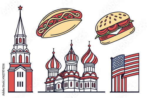 Russian landmarks and american fast food icons