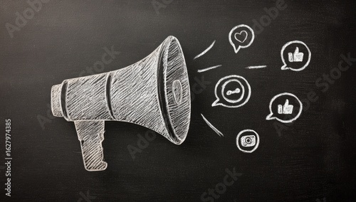 Chalk drawing of a megaphone with social media icons radiating outwards on a dark chalkboard