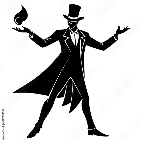 Magician performing trick with flame top hat tuxedo