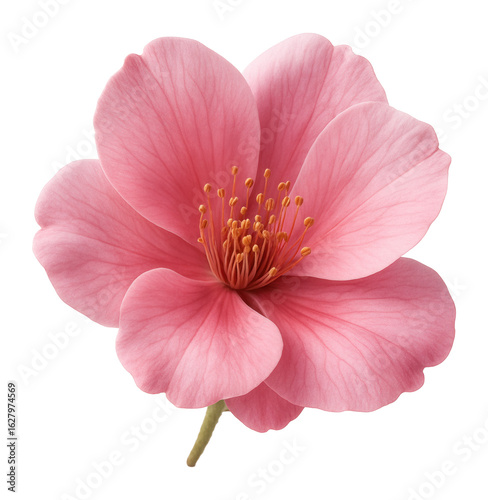 Close-up of a single pink flower with delicate petals and visible stamens on transparent background.