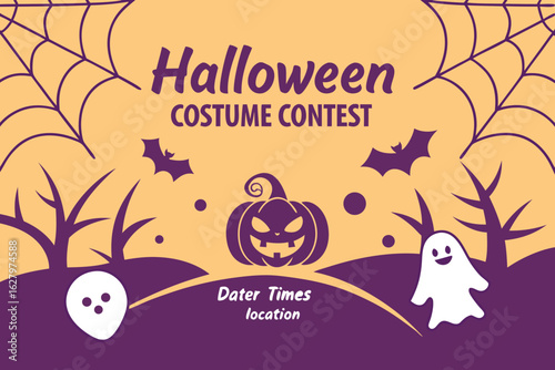 Halloween costume contest invitation with pumpkin, bats, ghosts, spiderwebs, and bare trees illustration