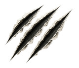 Three realistic claw marks with jagged edges and a shadow effect on transparent background.