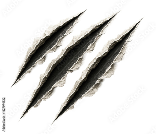 Three realistic claw marks with jagged edges and a shadow effect on transparent background.