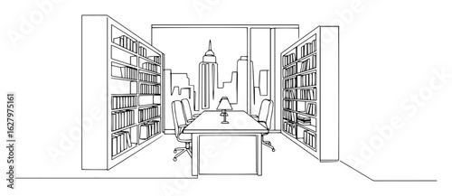 continuous one line drawing of a lawyer office library with city view vector lineart