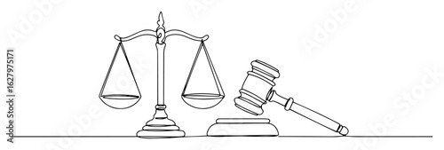 continuous one line drawing of scales of justice and gavel legal symbol vector design