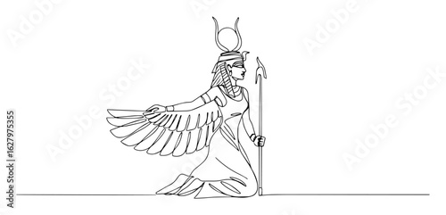 ancient egyptian goddess with wings vector outline monoline