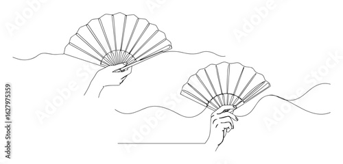 continuous one line drawing of hands holding traditional folding fans vector design