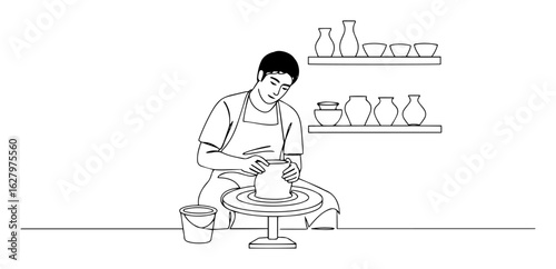 potter shaping clay on wheel ceramic workshop line art monoline vector