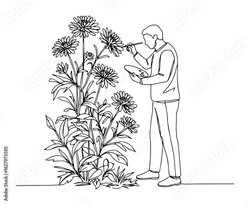 botanist studying flowers with magnifier line art monoline vector
