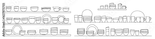 various tableware collection on shelves monoline thin lineart vector