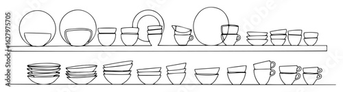 organized tableware on shelves monoline thin lineart vector