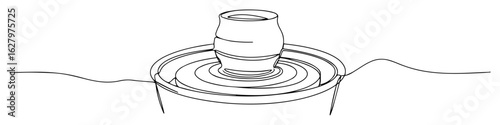 pottery wheel with clay vase monoline thin lineart vector