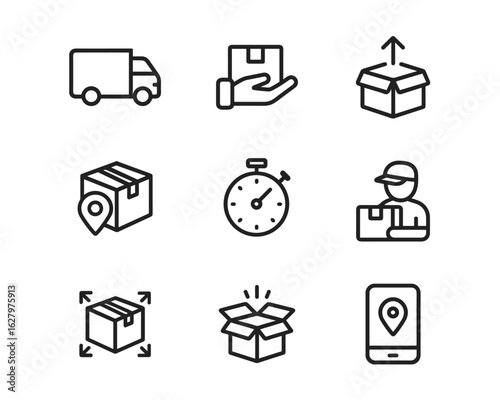 Delivery icon set. Courier, parcel in hand, box with arrow, stopwatch sign. Location pin, smartphone, expanding box and opened package symbol. Shipping and tracking pictogram. Logistics illustration.