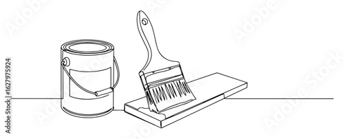 one continuous line drawing of a paint can and brush for renovation vector lineart