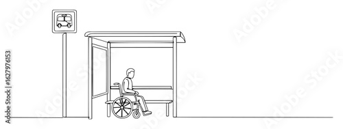 continuous one line drawing of a person in a wheelchair waiting at a bus stop vector illustration