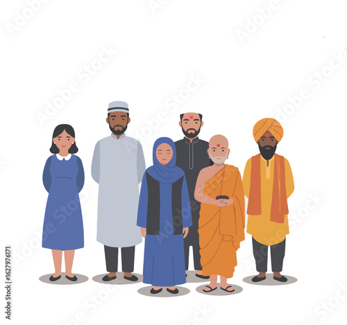 Diverse multicultural group of people from different religions and cultures standing together. Concept of unity and social harmony.